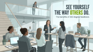 Illustration: a leader talks with a colleague in an open office while her team, a peer and her manager on the floor above look on. Text: See yourself the way others do. The benefits of 360 degree feedback.