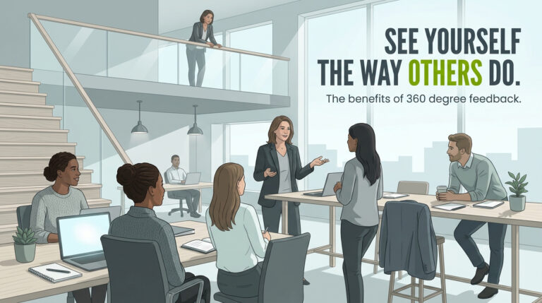Illustration: a leader talks with a colleague in an open office while her team, a peer and her manager on the floor above look on. Text: See yourself the way others do. The benefits of 360 degree feedback.
