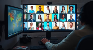 Remote worker sitting at a desk with a large computer screen