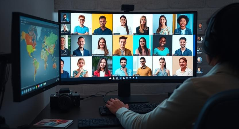 Remote worker sitting at a desk with a large computer screen