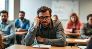 Man sitting at a desk with a disappointed look